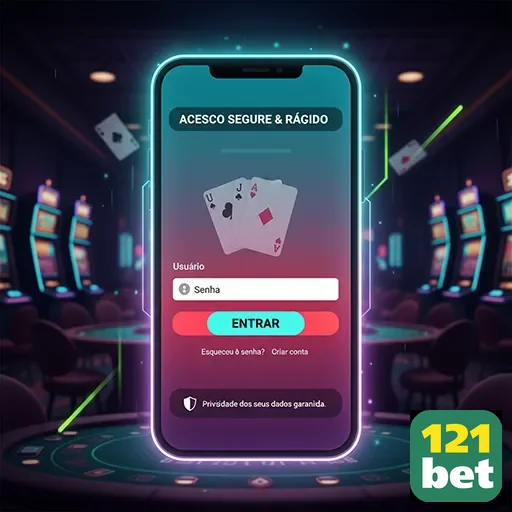 Tela de login do app móvel da 121bet com cartas de poker.