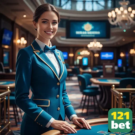 Crupiê no cassino 121bet com ambiente elegante.