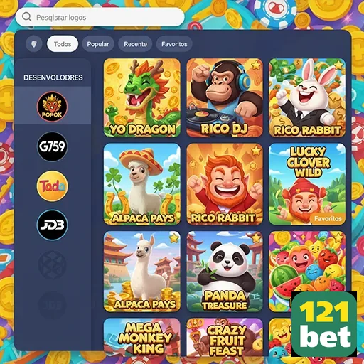 Interface de slot games da 121bet com opções VIP visíveis.