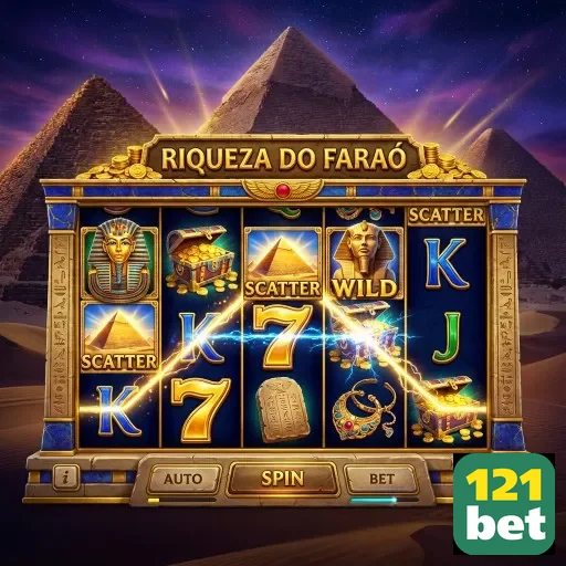 Interface da 121bet destacando o jogo Riqueza do Faraó.