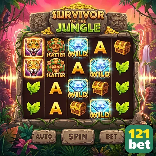 Jogo Survivor of the Jungle na 121bet com símbolos e wilds.
