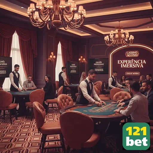 Salão de cassino ao vivo da 121bet com mesas e jogadores.